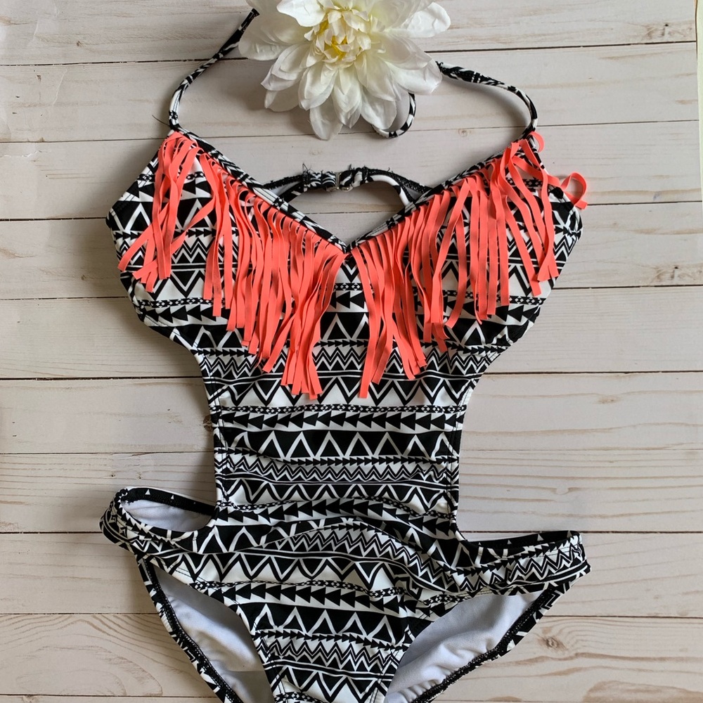 One piece, backless swimsuit.